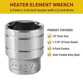 1-1/16 Inch Water Heater Element Socket Wrench, 6-Point Design with 1/2-Inch Drive, Compatible with Magnesium Rods on RV, Camper Travel or Trailers, Ideal for Removing and Replacing Heater Elements