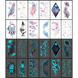 SteadyINK® 12 Sheets Glow in the Dark Temporary Tattoos – Waterproof Feather, Mermaid, Snake & Nature Wings Designs – Fun Body Art for Adults & Kids – Easy to Apply Makeup Tattoos – 10.5x6CM