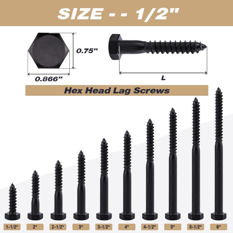 6-Sets 1/2 x 5 Hex Lag Screws and 1/2" ID