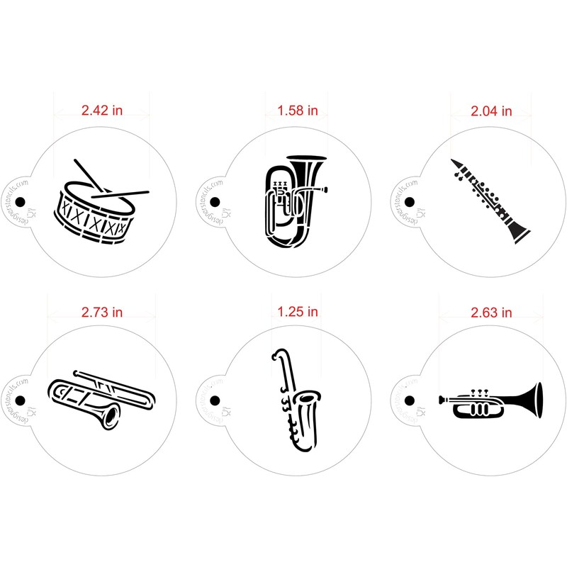 Designer Stencils C953 Marching Band Instruments Cookie Stencil, Beige/Semi-Transparent, Fits