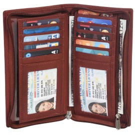Leatherboss Genuine Leather Checkbook Holder Wallet with All Around Zipper, Brown