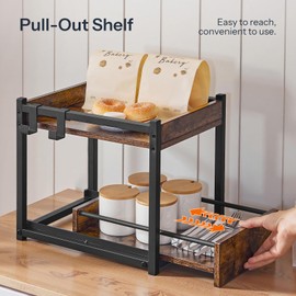 HOOBRO Kitchen Countertop Organizer, Corner Shelf Organizer, 2-Tier Spice Rack with Pull-Out Shelf and Hooks, for Kitchen, Office, Study, Bedroom, Living Room, Rustic Brown and Black BF08TL01