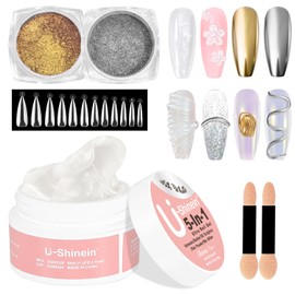 U-Shinein Solid Builder Nail Gel Set: 5-in-1 Silk White 3D Sculpting Nail Gel with Chrome Nail Powder for Art Carving Modeling,Builder,and Nail Extension UV/Led Manicure DIY