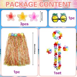 Moerstar Hawaiian Grass Skirt, Hawaiian Hula Skirt with Garland, Flower Headband Necklace Wristband Hair Clips Pineapple Glasses, Fancy Dress for Beach Party Accessories (Colorful)