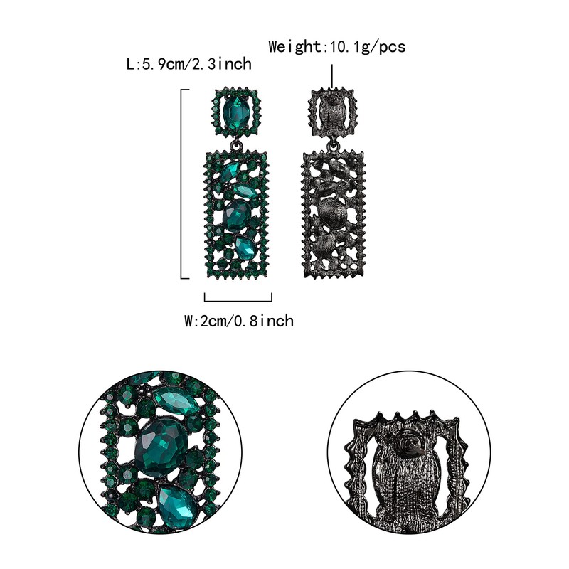 EVER FAITH Rectangle Earrings, Green Rhinestone Crystal Geometric Statement Drop