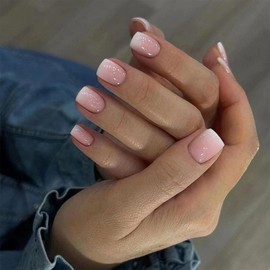 24pcs Short Square False Nails Ombre Pink Stick on Nails Press on Nails Removable Glue-on Nails Full Cover Fake Nails Women Girls Nail Art Accessories