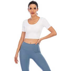 ECUPPER Women Short Sleeve Workout Tops Backless Yoga Gym Shirts Athletic Crop Top with Built in Bra for Fitness Sports Activewear White