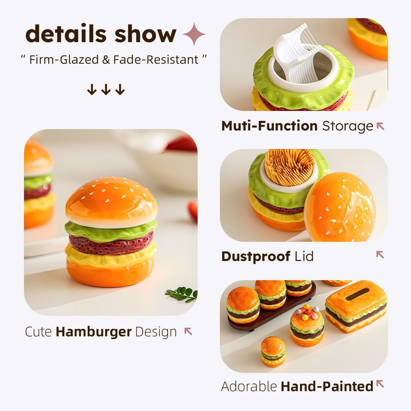 Lifelisa Cute Hamburger Toothpick Holder with Lid, Ceramic Toothpick Dispenser