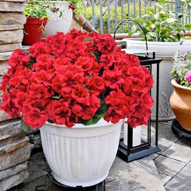 Guagb Artificial Geranium Flowers for Outdoors UV Resistant Red Silk Fake Geranium Plant Faux Floral for Home Indoor Outdside Planters Front Porch Patio Windeow Box Decoration (2 Pcs, Red)
