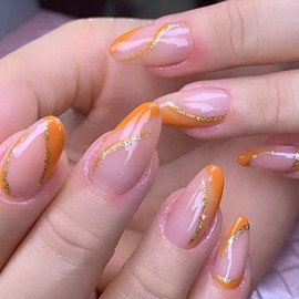 24 Pcs Medium Press on Nails Almond Orange French Tip Nails Acrylic False Nails with Design Lines Manicure Fake Nails with Flashing Stick on Nails for Women and Girls
