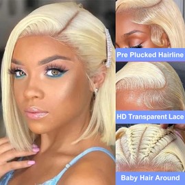 Thogriy 613 Blonde 13x4 Bob Wig Human Hair 180% Density HD Transparent Lace Front Wigs Human Hair Short Bob Pre Plucked Straight Wigs Human Hair for Women 14Inch