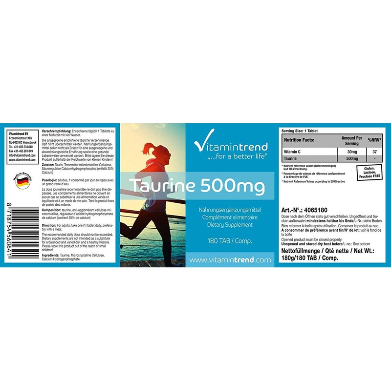 Taurine 500mg - 180 Tablets - For 6 Months -
