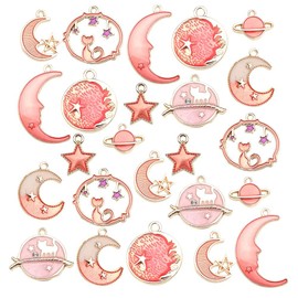 24 Pcs Assorted Gold Plated Enamel Cat Moon Star Celestial Charm Pendant DIY for Earrings Necklace Bracelet Jewelry Making and Crafting (M609-Pink)