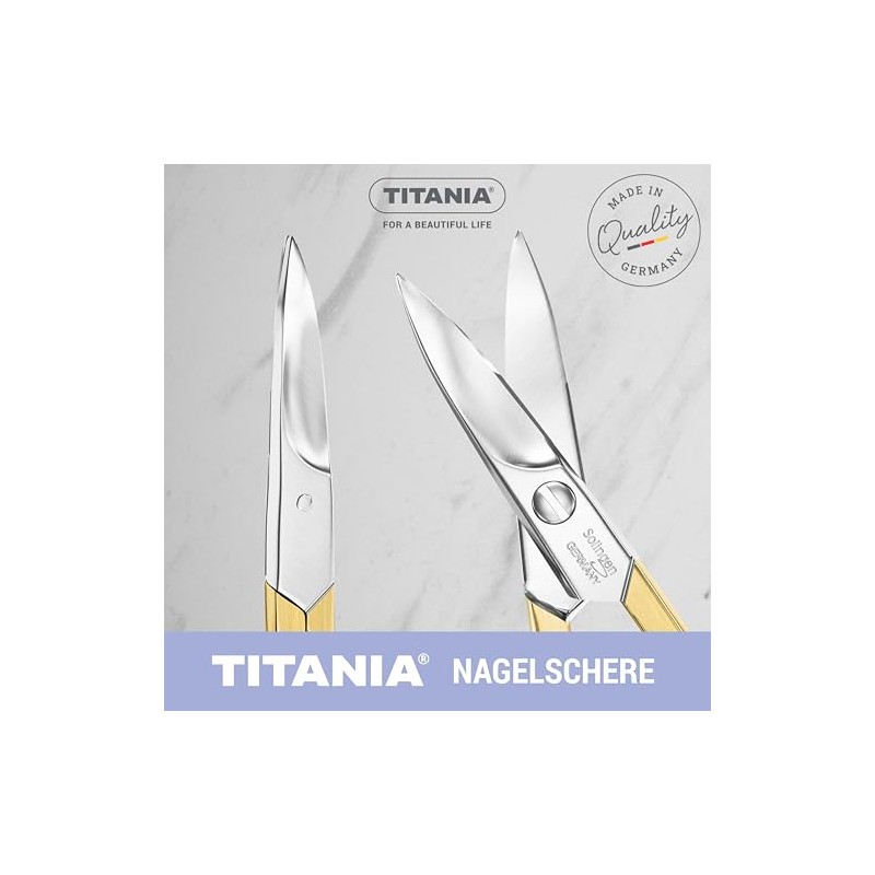 TITANIA Nagelschere Solingen vergoldet (9,5cm) • Gebogene Schere • Extra