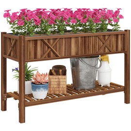 Outsunny Raised Garden Bed, 47 x 22 x 31.5in Elevated Wood Planter Box with Storage Shelf, Drainage Holes, and Liner for Backyard, Patio, Balcony, Carbonized