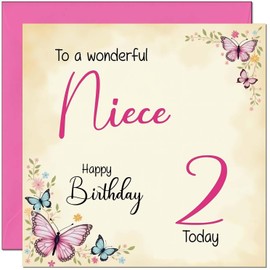2nd Niece Birthday Card - Beautiful Butterfly Floral Nieces Birthday Card for 2 Year old Kids two, second