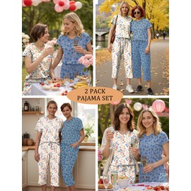 Marvmys 2 Pack Women's Pajama set Printed Pajamas Short Sleeve Pj Sets Lightweight Lounge Set Flowers&Butterfly XL