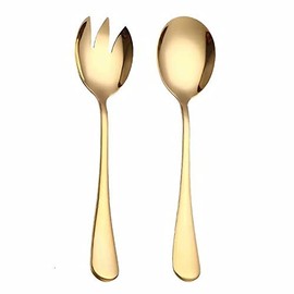 ARFUKA 2pcs Salad Servers Stainless Steel Salad Spoon and Fork Set Heavy Duty Salad Tongs Gold