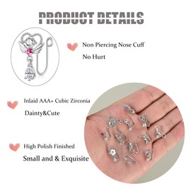 PLOMFOV 12Pcs African Fake Nose Ring for Women Dangling Nose Cuffs Faux Clip on Nose Ring for Non Pierced Nose Hook Back Silver Tone