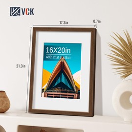 VCK 16x20 Picture Frame 4 Pack, Brown Wood Poster Frame, Tempered Glass, Display Photo 11x14 with Mat or 16 x 20 Without, for Home, Office, Studio and Gallery, Wood Grain Series, Wall Hanging