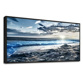 Black Framed Canvas Wall Art For Living Room Large Wall Decor For Bedroom Modern Office Decor Blue Beach Sun Ocean Landscape Painting Prints Artwork Seascape Framed Hang Pictures Home Decoration