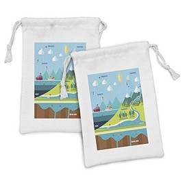 Ambesonne Biology Fabric Pouch Set of 2, Environment Eco Recycle Themed Cartoon Illustrated Water Cycle Pattern, Small Drawstring Bag for Toiletries Masks and Favors, 9" x 6", Multicolor