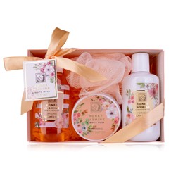 Accentra Set doccia da donna Honey Jasmine in bella confezione regalo – Set di 4 pezzi con gel doccia, lozione per il corpo, burro per il corpo e spugna a rete – Set regalo per San Valentino e festa
