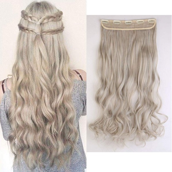 S-noilite Clip-In Hair Extensions Half Full Head 5 Clips Curly One Weft Hairpiece Like Real Hair 24 Inches (60 cm) Wavy - Ash Blonde Mix Silver Grey