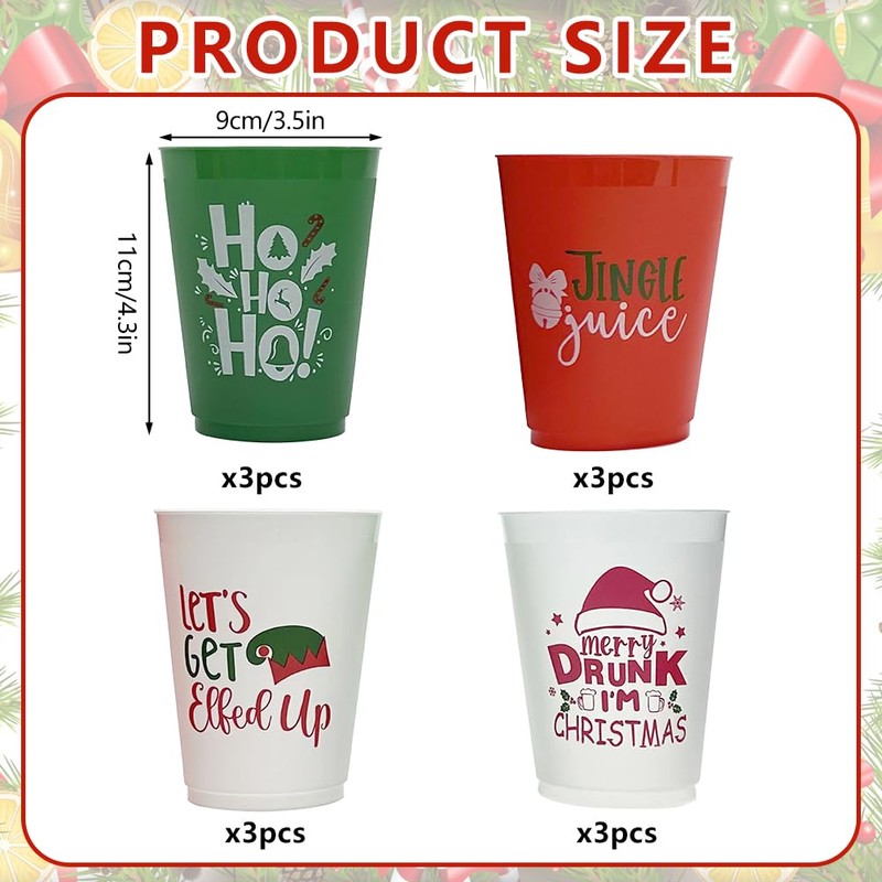 Cosiesnest 12Pcs Reusable Christmas Plastic Cups 450ML Red Party Cup