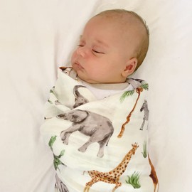 LifeTree Baby Swaddling Cloth Muslin Cloth Pack of 2 120 x 120 cm Muslin Swaddle Blanket Baby Bamboo Cotton Swaddle Wrap for Boys and Girls Safari / Olive Green