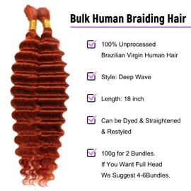 Deep Wave Bulk Human Hair for Braiding Deep Wave Human Micro Braids 100% Unprocessed Brazilian No Weft Human Hair for Boho Braids (350#, 18Inch 100g(50gx2Bundles))