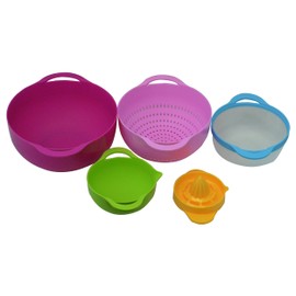 Southern Homewares 5 Piece Compact Nesting Mixing Bowl Colander Sieve Measuring Bowl Juicer Set Stackable Multi-Color