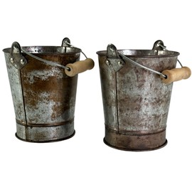 Vintage Rustic Mini Serving Buckets - 2 Galvanized Metal Buckets for Event Centerpieces, Parties, Picnics & Home Decor - Rustic Copper Effect with Wooden Handle