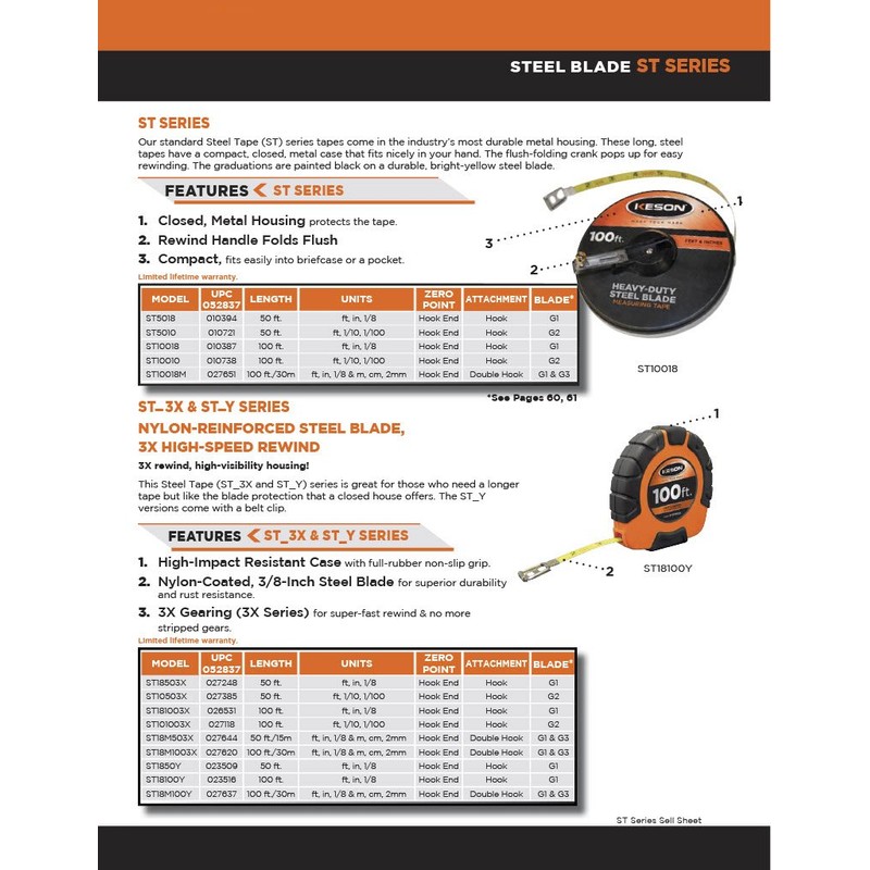 Keson ST18M503X Closed-ABS Housing Steel Tape Measures, Speed Rewind (Graduations: