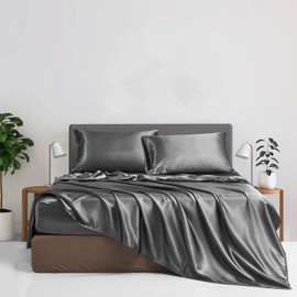 Damier Satin Fitted Sheet 180 x 200 cm Grey Dark Grey Silk Shiny Fitted Sheet High-Quality Satin Deluxe Bed Sheet Suitable for Mattresses up to 30 cm