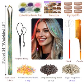 CelineBella Rainbow Hair Tinsel,Ice Crystal Effect,Single Strands Gold Silver Blue Mixed Colors,5 PCs 48 Inch,Heat Resistant, Highlights Sparkling Glitter Fairy Hair Extensions for Kids Girls (Boxed)