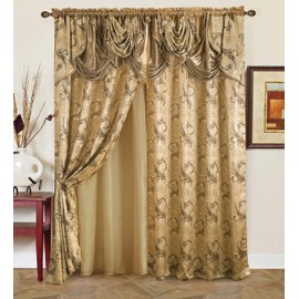 GLORY RUGS Jacquard Luxury Window 2 Panel Set Taupe Curtain with Attached Valance and Backing Bedroom Living Room Dining 2 Curtains 55x84 inches Each Jana