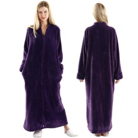 Oksun Womens Fleece Warm Robe: Cozy Flannel Long Zipper Bathrobe - Plush Winter Housecoat Nightgown (Purple, X-Large)