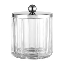 Indecor Home Home Glass Cotton Jar Holder Silver Lid, Elegant Bathroom Storage Canister for Qtips, Cotton Balls, Floss, Makeup Organizer, Vanity Bathroom Organization