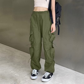 QYANGG Baggy Parachute Pants for Women& Girls Drawstring Elastic Low Waist Ruched Cargo Pants Multiple Pockets Jogger Y2K Green