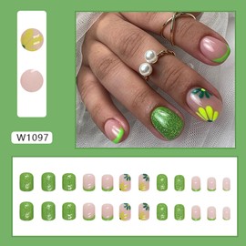 Vezocim Flower Press on Nails Oval Shapes, 24Pcs Green Short Artificial Fake Nails with Green Floral Designs, Full Cover Glossy Acrylic False Nails, Stick on Fingernails for Women Girls(W1097)