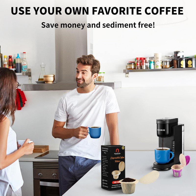 100 Count Fanativita K Cup Filters Disposable with Genius Lid