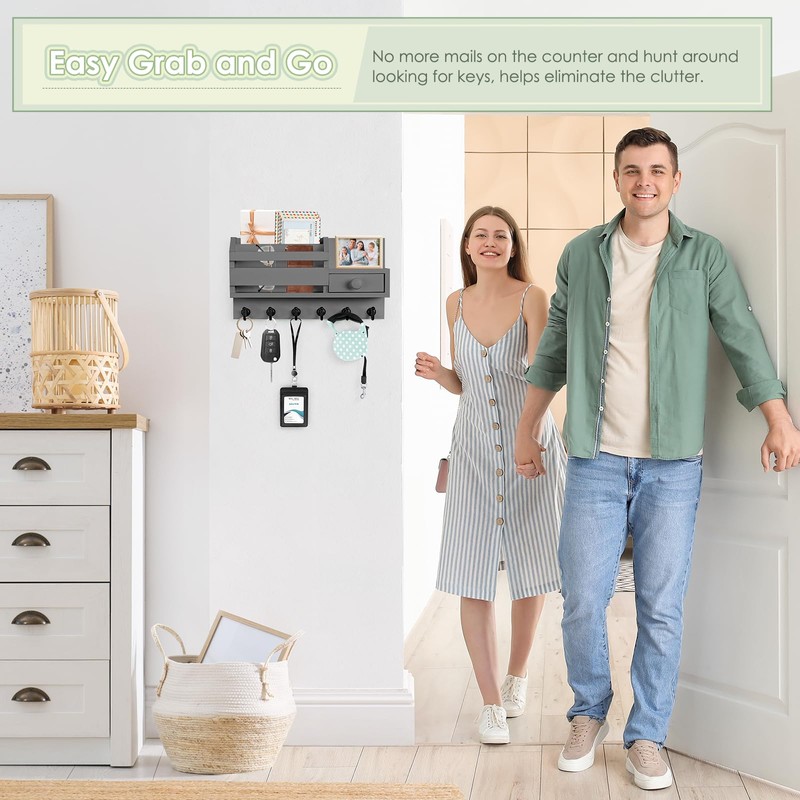 VIS'V Key Holder Wall Mount, Wooden Mail and Key Organizer