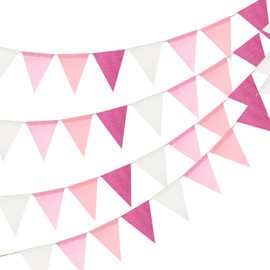 jijAcraft Pink Bunting Outdoor Weatherproof: 12 m Garland Reusable, Pack of 3 Romantic Garden Decoration Garland, 36 Beautiful Bunting for Birthday, Children's Playroom, Anniversary, Wedding
