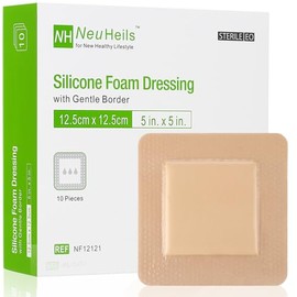 NEUHEILS Apósito de espuma de silicona NeuHeils con borde suave de 12,7 x 12,7 cm (10 unidades) para úlceras de decúbito en las piernas. Parches adhesivos de silicona impermeables de gran tamaño y alt