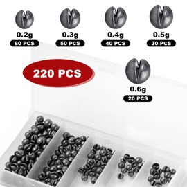Realure 220 Pcs/5 Sizes Fishing Split Shot 0.6g 0.5g 0.4g 0.3g 0.2g Fishing Dispenser Sinkers Weights Shot for Stabilizing the Fishing Line & Bait