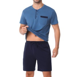 Aseniza Men's Short Pyjamas Cotton Button Placket Summer Shorty Pyjamas with T-Shirt and Shorts for Men, Blue-220
