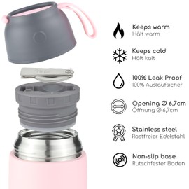 Milu® Thermo Food Flask - 300, 440, 450, 650, 800ml - Stainless Steel Insulated Container - Lunchbox - Jar with Spoon for hot and Cold Food (Pink, 800ml)