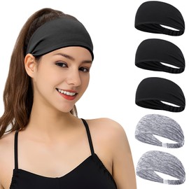 Sweatbands Headbands for Women Workout, Women's Sports Exercise Headband, Moisture Wicking Sweatband for Yoga Running Athletic 5 PCS (Black + Striped Gray)