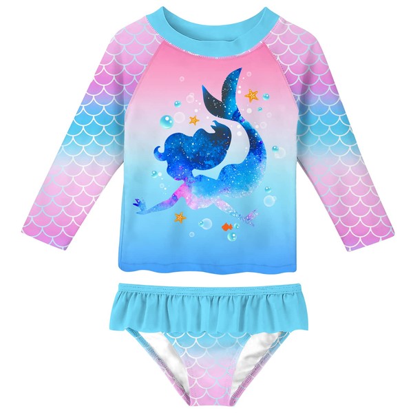 UNIFACO Girls' Two-Piece Swimsuits Pink Blue Mermaid Long Sleeve Bathing